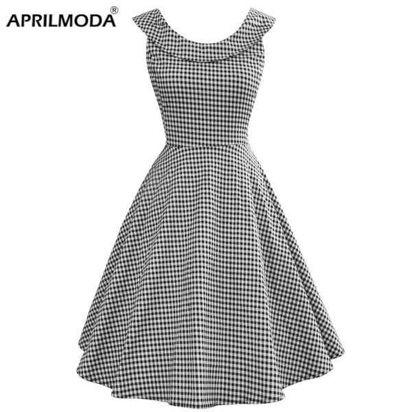 

plaid printed women dress casual elegant fit and flare retro vintage 50s 60s rockabilly party woman summer midi dresses, Black;gray