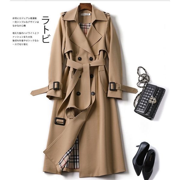 

long pure color windbreaker autumn and winter korean version of the british style coat over-the-knee 211211, Tan;black