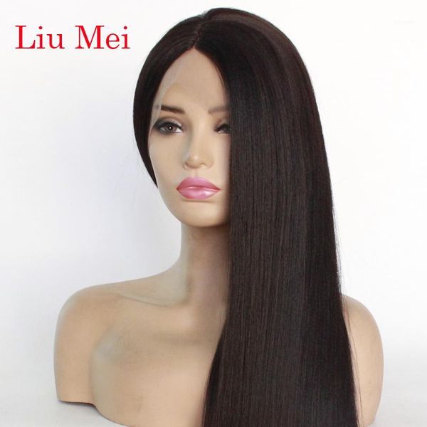 

dark brown color yaki straight synthetic wigs heat resistant long italian swiss lace front wig for women1, Black