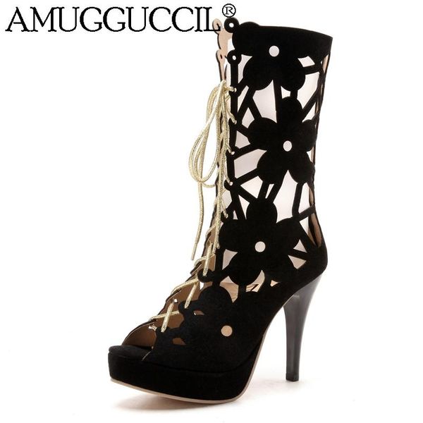 

plus big size 32-44 black apricot brown red lace up fashion high heel summer female lady women sandal x1960 sandals