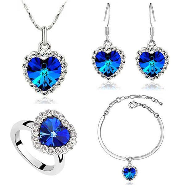 4 pezzi / confezione 2021 set di gioielli da sposa di lusso colore blu cuore del mare per le donne regalo di anniversario J5898