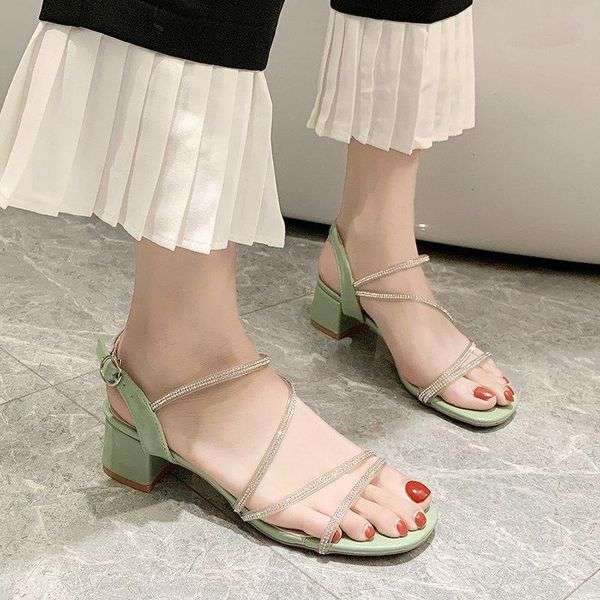 

dress shoes 2021 beige green pvc transparent open toe sandals women crystal ribbon thick heel ankle buckle square heels, Black