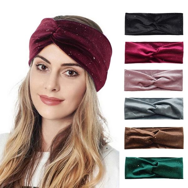 Samt Gekreuzte Frauen Stirnband Bling Pailletten Einfarbig Stretch Haarbänder Für Dame Mädchen Yoga Sport Turban Haar Zubehör