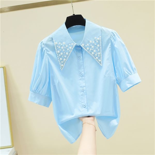 

women's blouses & shirts sweet pearl beading sleeve doll collar women fashion white blue baggy loose summer short shirt dopl