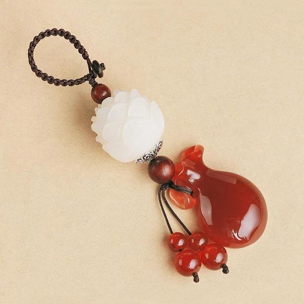 

keychains natural chalcedony lucky fortune bag pendant handmade carved lotus key ring holder for women car bags accessories, Silver