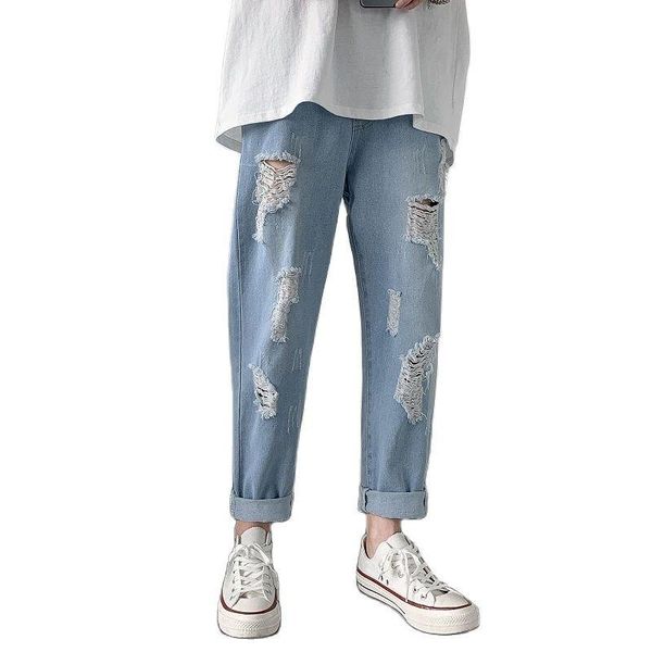 

men's jeans men plus size 5xl straight loose hole ankle length elastic waist solid all-match trendy males leisure chic baggy vintage, Blue