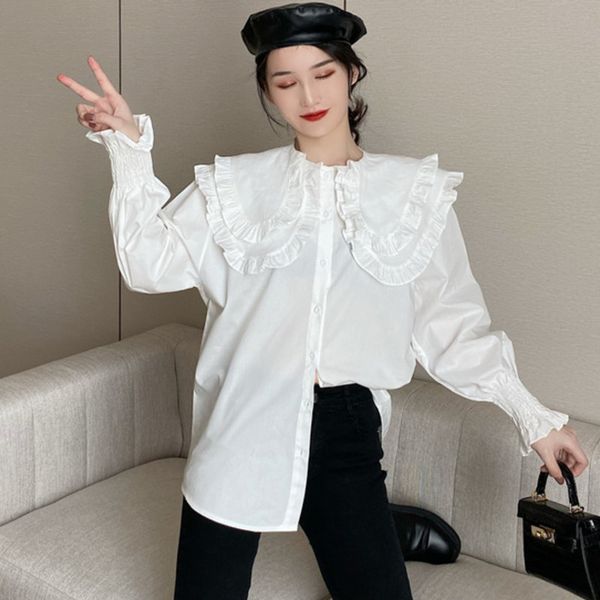

[ewq] camisa plus size spring women clothing blouses spring white shirts japan style ruffles peter pan collar sweet 210423