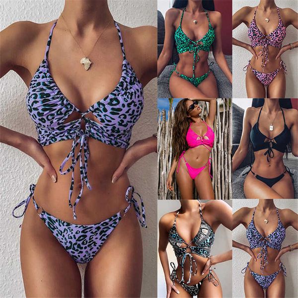 GNIM Bandage Bikini Mujer 2020 Sexy Leopard Print Costumi da bagno Donna Due pezzi Summer Beachwear Halter High Cut Costume da bagno brasiliano Y0820