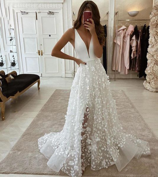 

deep v neck a line lace wedding dresses bridal gowns with split sweep train appliqued satin beach bride dress, White