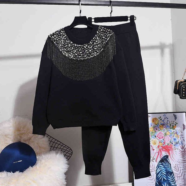 

pant autumn fashion tracksuit set women rhinestone tassel knitted sweater pencil pants two piece outfits female loose black knit suit, White