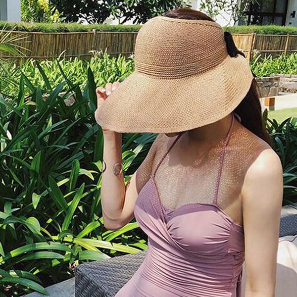 

outdoor hats knitted sun hat handmade big eaves hollow breathable summer cool ladies bowknot empty beach, Black;white