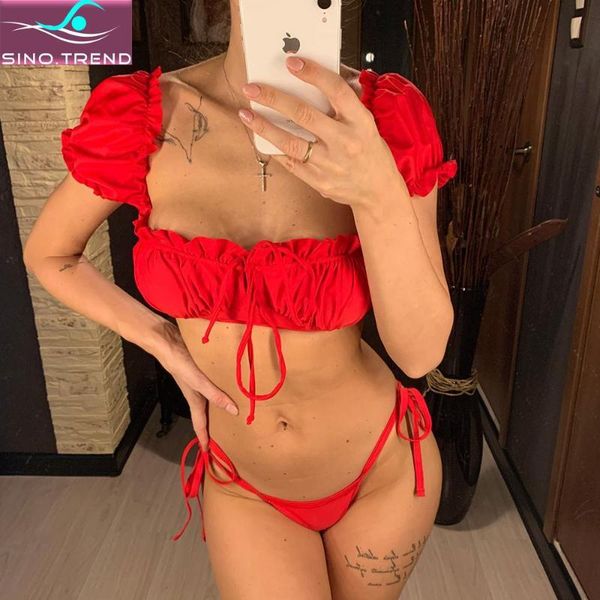 

one-piece suits short sleeve brazilian bikini swimsuit solid female women tankini swimwear two-pieces set lace up bather