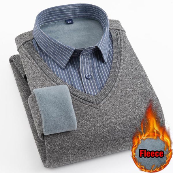 

men's sweaters 2021 winter warm sweater fleece knitted fake two pieces thicken fashion oversize clothing 5xl 6xl 7xl black gray navy bl, White;black