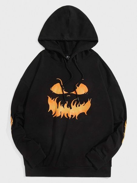 

men halloween print drawstring hoodie h73f#, Black