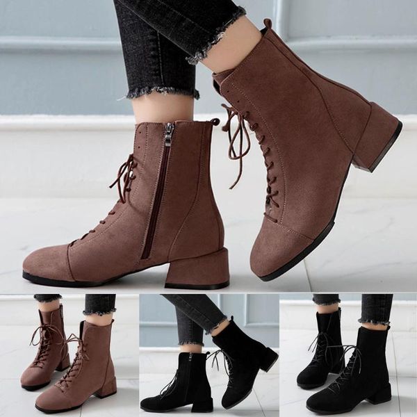 

boots women's high-heeled flock square head thick with ankle large size zipper lace-up bottes femme veritable, Black