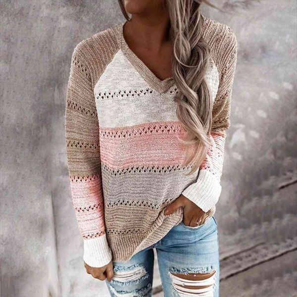 

autumn v neck patchwork womens sweater women casual long sleeve knitted winter striped elegant pullover jumpers w3, White;black