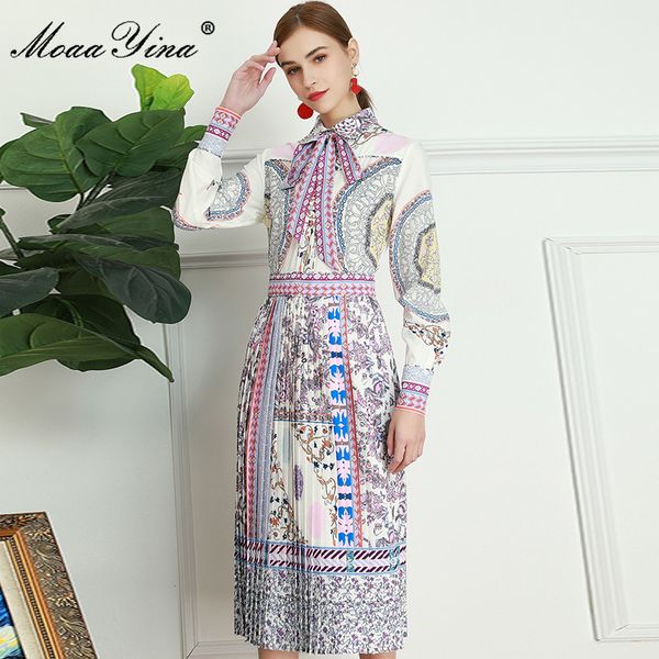 

fashion designer dress spring women's dress long sleeve vintage floral-print pleated dresses 210524, Black;gray