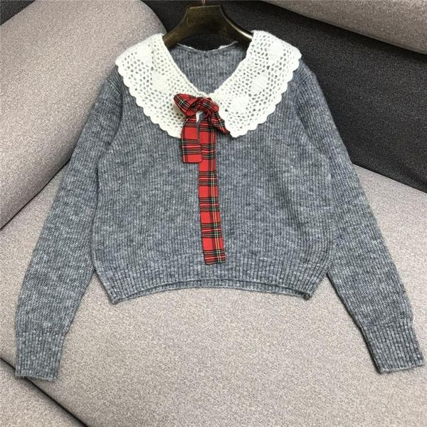 

women's sweaters elegant bow lace patchwork knitted sweater women 2021 korean fashion loose pull femme hiver runway designer winter clo, White;black