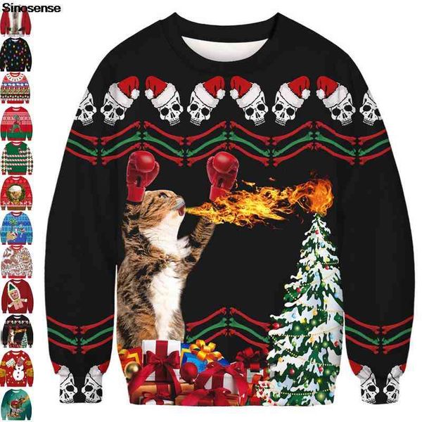 

men women ugly christmas cat sweater pullover autumn long sve crewneck holiday party sweatshirt couple funny xmas jumper, Black
