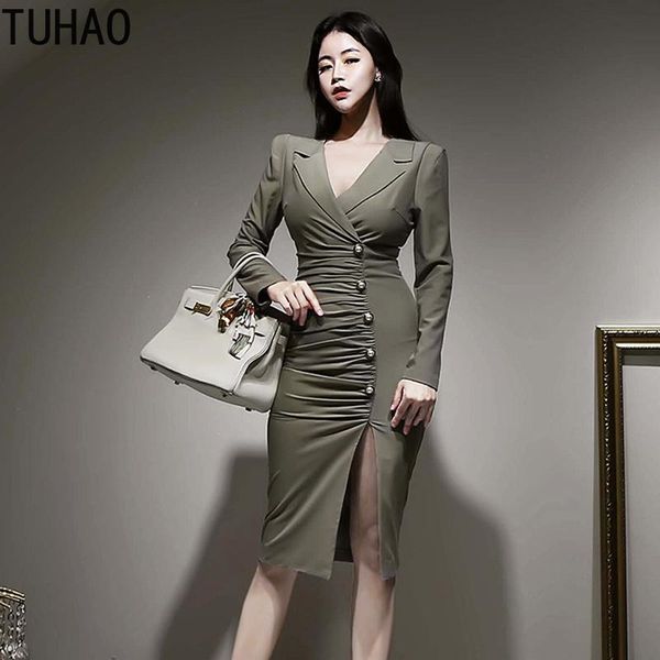 

casual dresses tuhao bodycon sheath woman 2021 fashion high waist tight elegant party dress runway office lady split pencil wm17, Black;gray