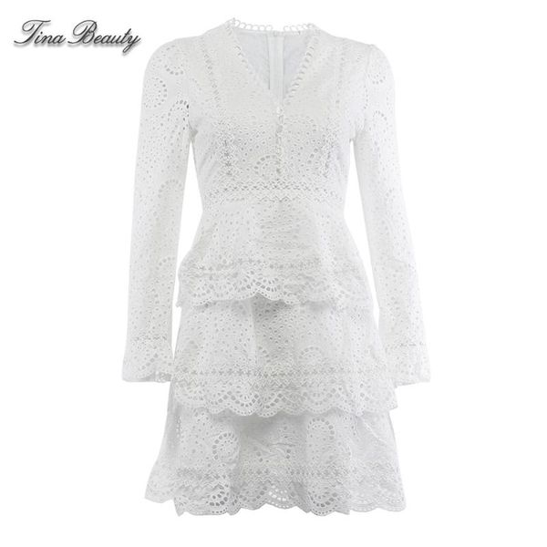 

casual dresses tina beauty lace a line hollow out cascading graceful party dress female v neck white black slim vestidos, Black;gray