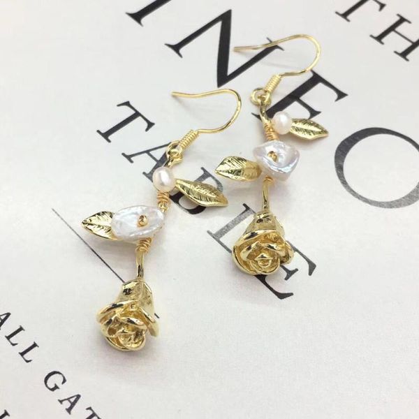 

14k gold filled rose ear hooks handmade light luxury jewelry pearl retro temperament earrings fashion personality dangle & chandelier, Silver