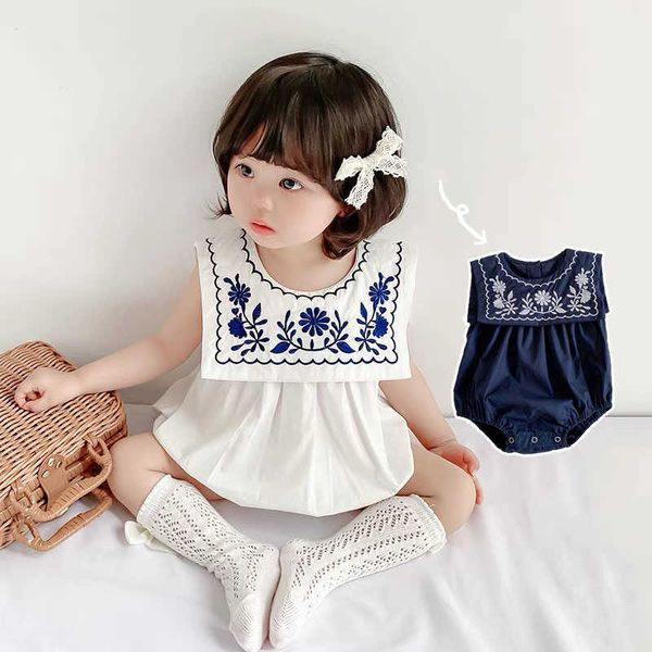 Coreano Japão Meninas Bebê Bordado Romper Irmã Correspondência Roupas Roupas Gêmeas Nascido Vintage Bodysuit Infantil Algodão Jumpsuit 210615