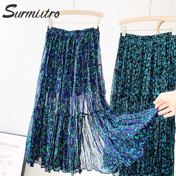 

surmiitro fashion summer midi long skirt women korean style floral chiffon side slit high waist a line pleated skirt female 210712, Black