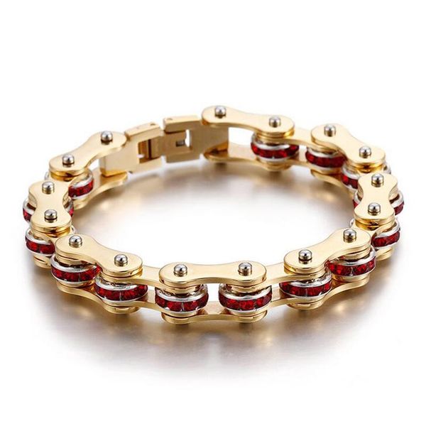 

link, chain menpunk rock women stainless steel gold bike bracelet & black white red blue cz crystal bicycle motorcycle bracelets