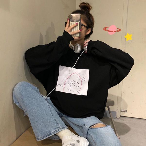 

women's hoodies & sweatshirts casual full o-neck pullovers print loose clothing korean style spring and autumn fashion, Black