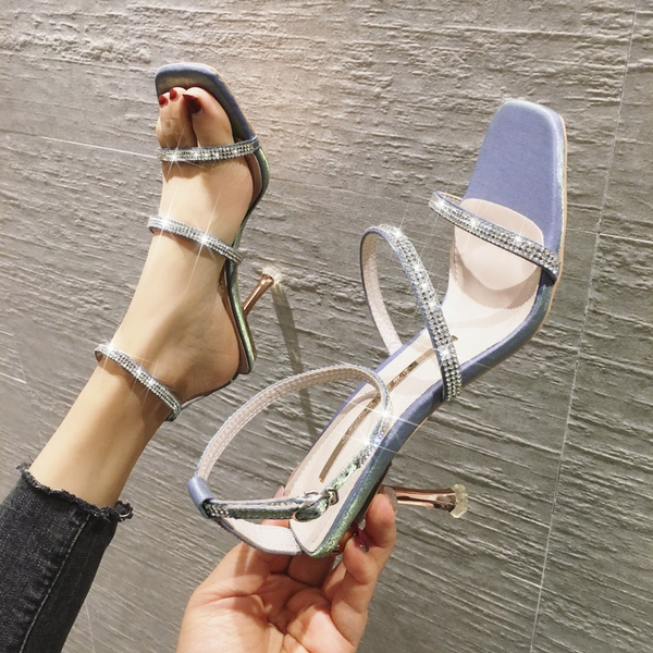

2021 amoi fashion female word with square toe all-match rhinestone stiletto high heels fashion slippers women shoes, Black