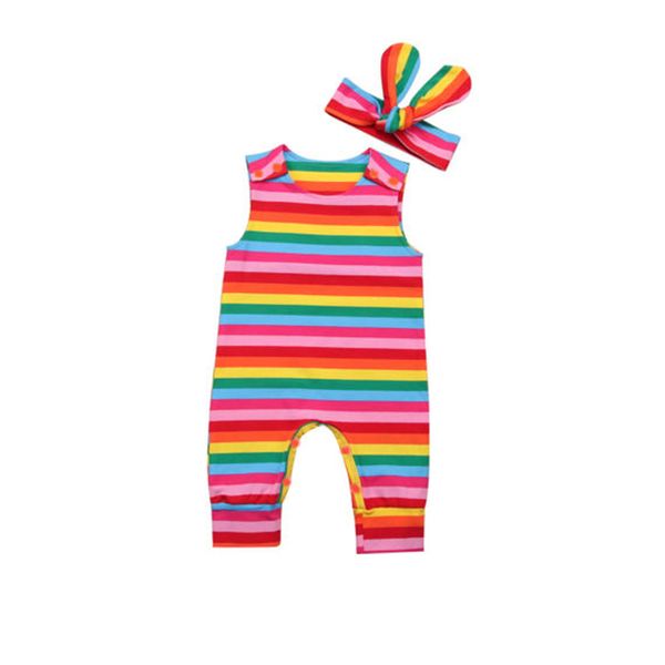 

newborn baby girls kid fashion casual sleeveless o-neck covered button colorful striped romper headband 2pcs outfit summer 0-24m, White