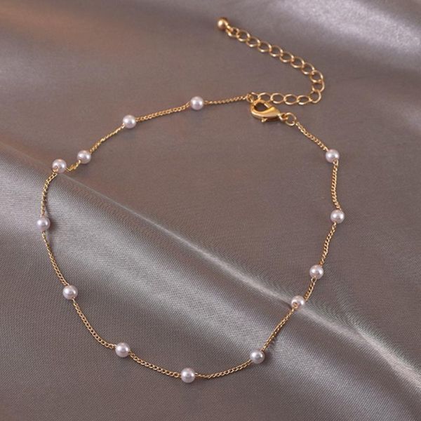 

chokers fashion simple small pearl necklace bead chain ladies short choker clavicle jewelry for women, Golden;silver