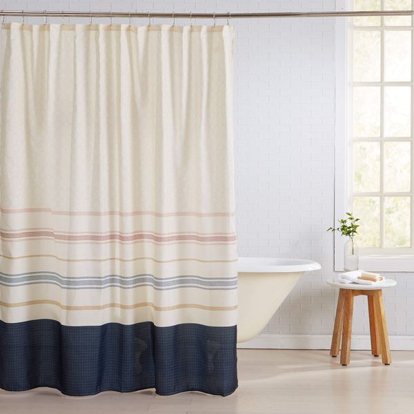 

fabric shower curtain with 12 roller hooks. mold and mildew resistant. elsie collection. 72-inch, multi-directional stripe