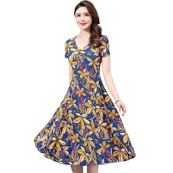 

l-5xl women vintage dress short sleeve o-neck summer vestidos women's elegant printing mid-calf casual dresses female 210325, Black;gray
