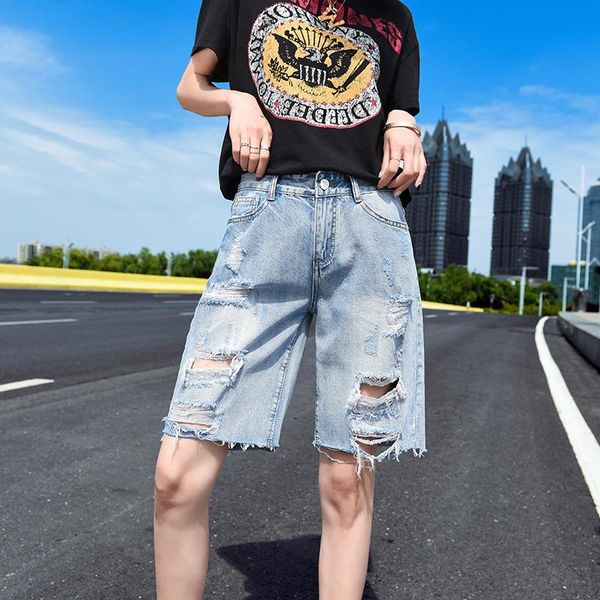 

women's shorts denim 2021 summer loose holes show thin wide leg straight tube quarter pants fashion, White;black