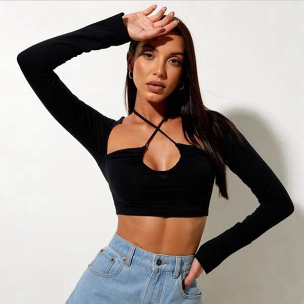 

women's t-shirt ladies sling long sleeve short solid color halter front hollow slim fit 2021 fall high street casual simple sexy, White