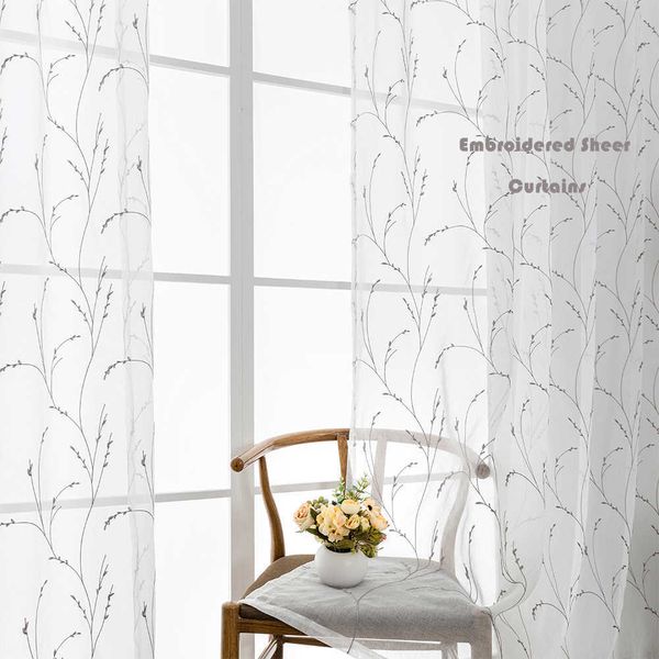 Elka Folhas Bordado Sheer Cortina Tulle Voile Cortina para sala de estar Quarto Cozinha Janela Tratamento Drape Home Decor 210712