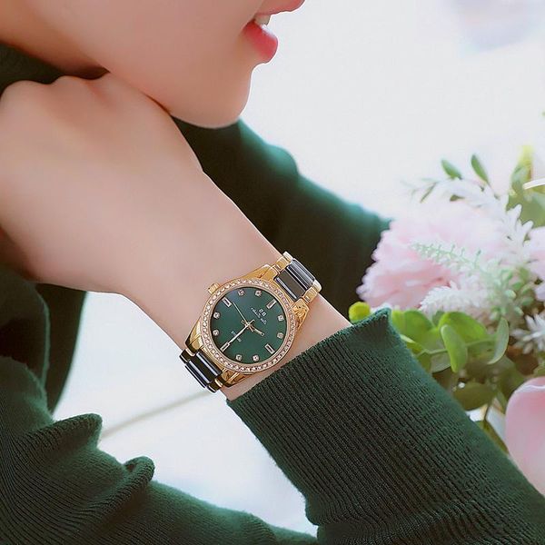 

factory direct sale malachite green rhinestone women's watches waterproof quartz watch women with ceramic strap wristwatches, Slivery;brown