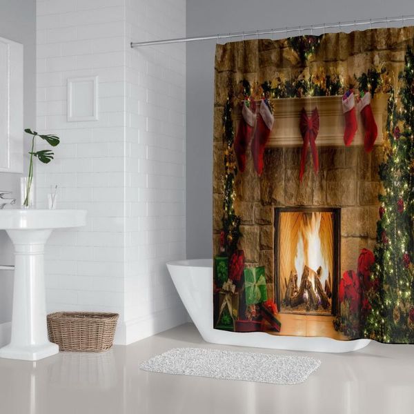 

waterproof 3d christmas shower curtain set merry xmas fireplace gifts& red socks toilet cover non-slip floor mat with 12 hooks curtains