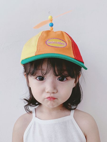 

children's rainbow color matching windmill duck tongue men's and women's baby bamboo dragonfly sunscreen fisherman's hat, Yellow