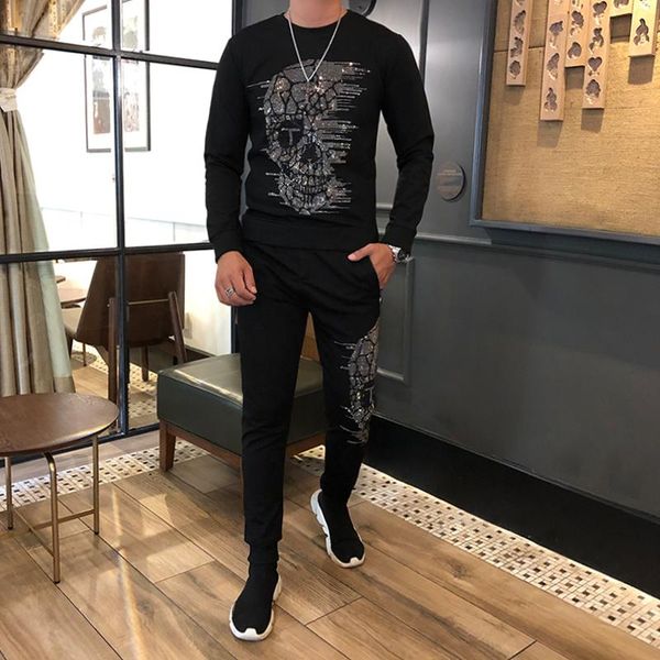 

men's tracksuits autumn, winter, european and american high-quality dia slim skull brand t-shirt two-piece casual sportswear, Gray