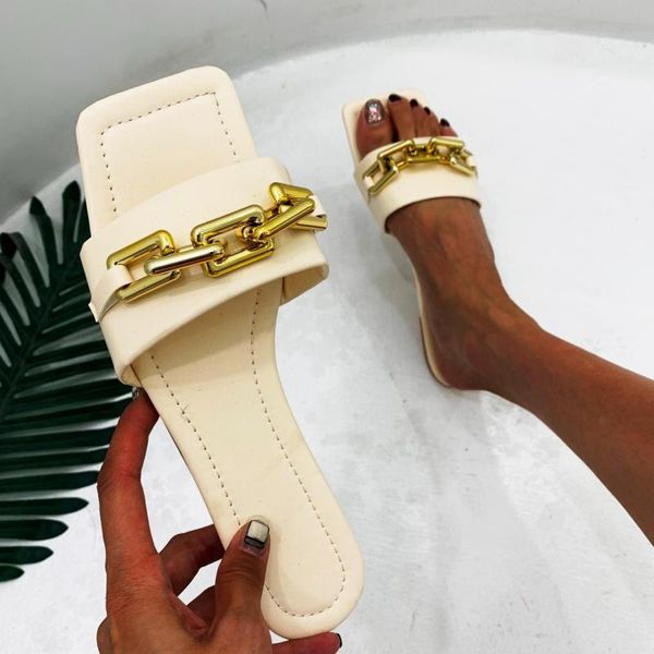 

slippers fashion women square toe metal chain design slip on mules shoes flat red sandals ytmtloy indoor zapatillas mujer casa, Black