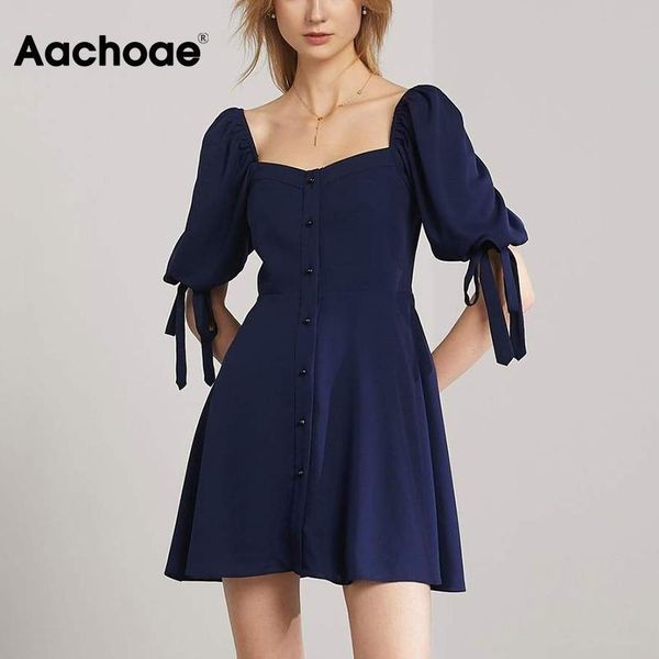 

casual dresses aachoae women elegant a line navy mini dress bow tie short sleeve chic square collar summer sundress, Black;gray