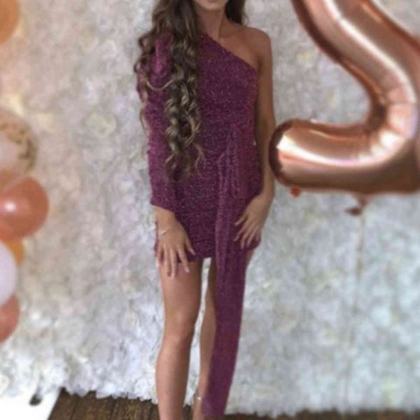 

summer women violet one shoulder long sleeve club party dress sequins mini evening celebrity runway dresses 210423, Black;gray
