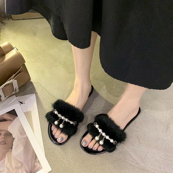 

autumn women slippers green fur slipper string bead casual shoes female pearl slides out side ladies flip flops 8234g, Black