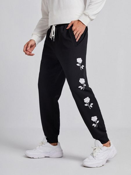 

men floral print drawstring waist sweatpants q0ax#, Black