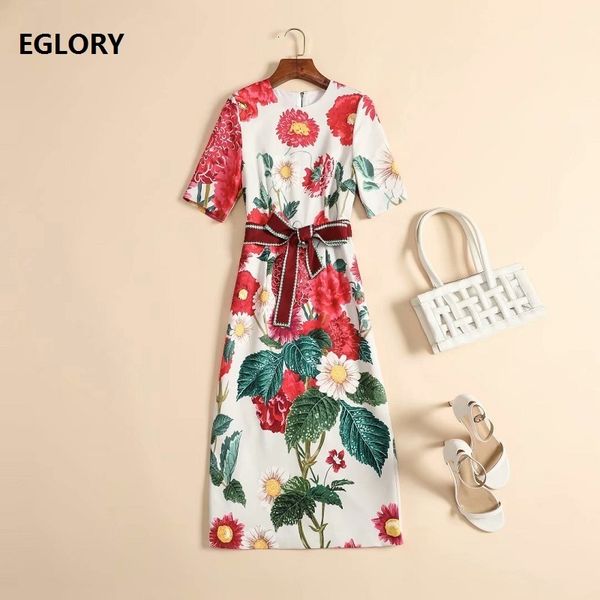 

dresses new arrival autumn winter party chic women o-neck red floral green leaves print bow belt patchwork midi slim, Black;gray