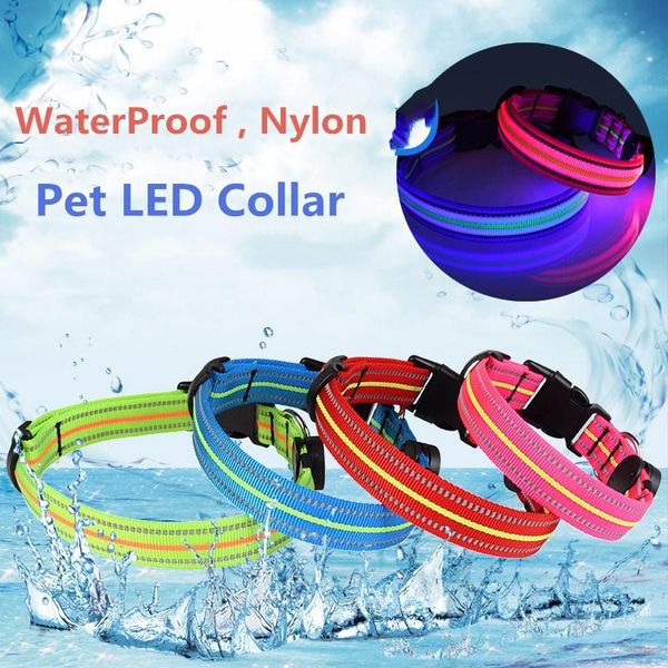 

arrival waterproof nylon pet dog led collar puppy dogs cat glow collars safe luminous necklace gem & leashes