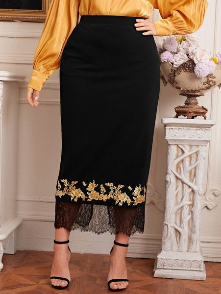 

plus floral print lace hem skirt d3kt#, Black